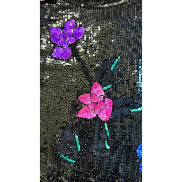 VTG 80s Petite Illustrations 100% Silk Sequin Glitter Floral Top - Picture 5 of 6